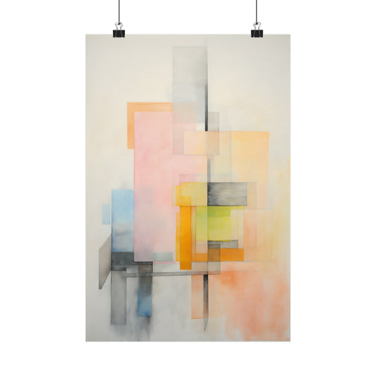 Abstract watercolor painting featuring overlapping geometric shapes in soft pastel colors.