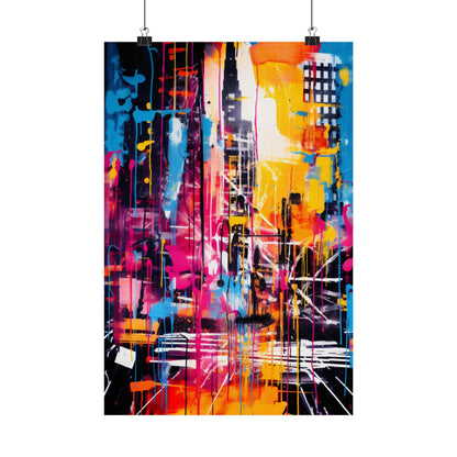 Vibrant abstract painting depicting a colorful cityscape with skyscrapers.