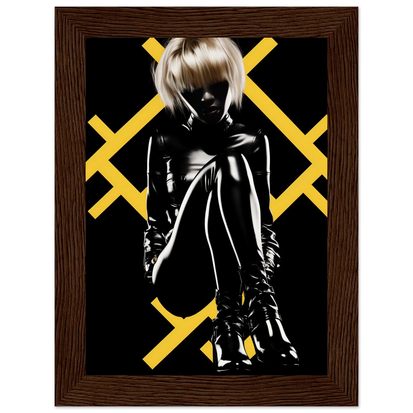 Silhouetted figure in shiny black clothing against a background with yellow X patterns.