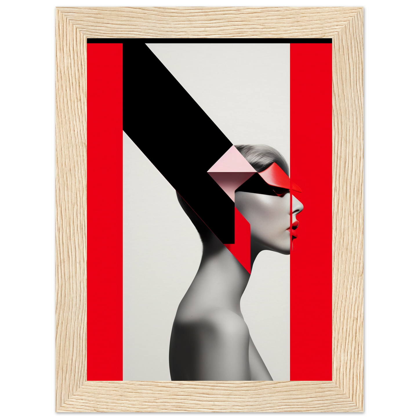 Artistic portrait featuring a profile view with bold geometric shapes and contrasting colors.