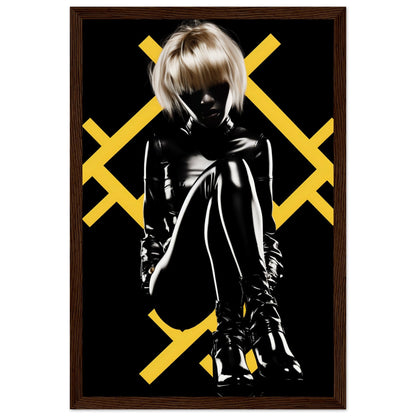 Silhouetted figure in shiny black clothing against a background with yellow X patterns.