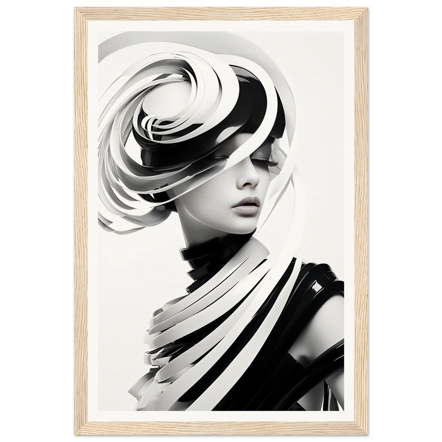 Striking black and white portrait featuring an avant-garde sculptural hat and draped fabric.