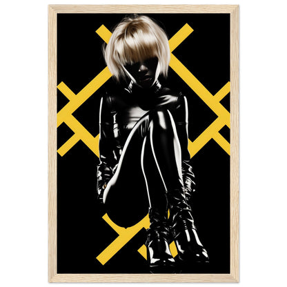 Silhouette of a person in shiny clothing against a black background with yellow X patterns.