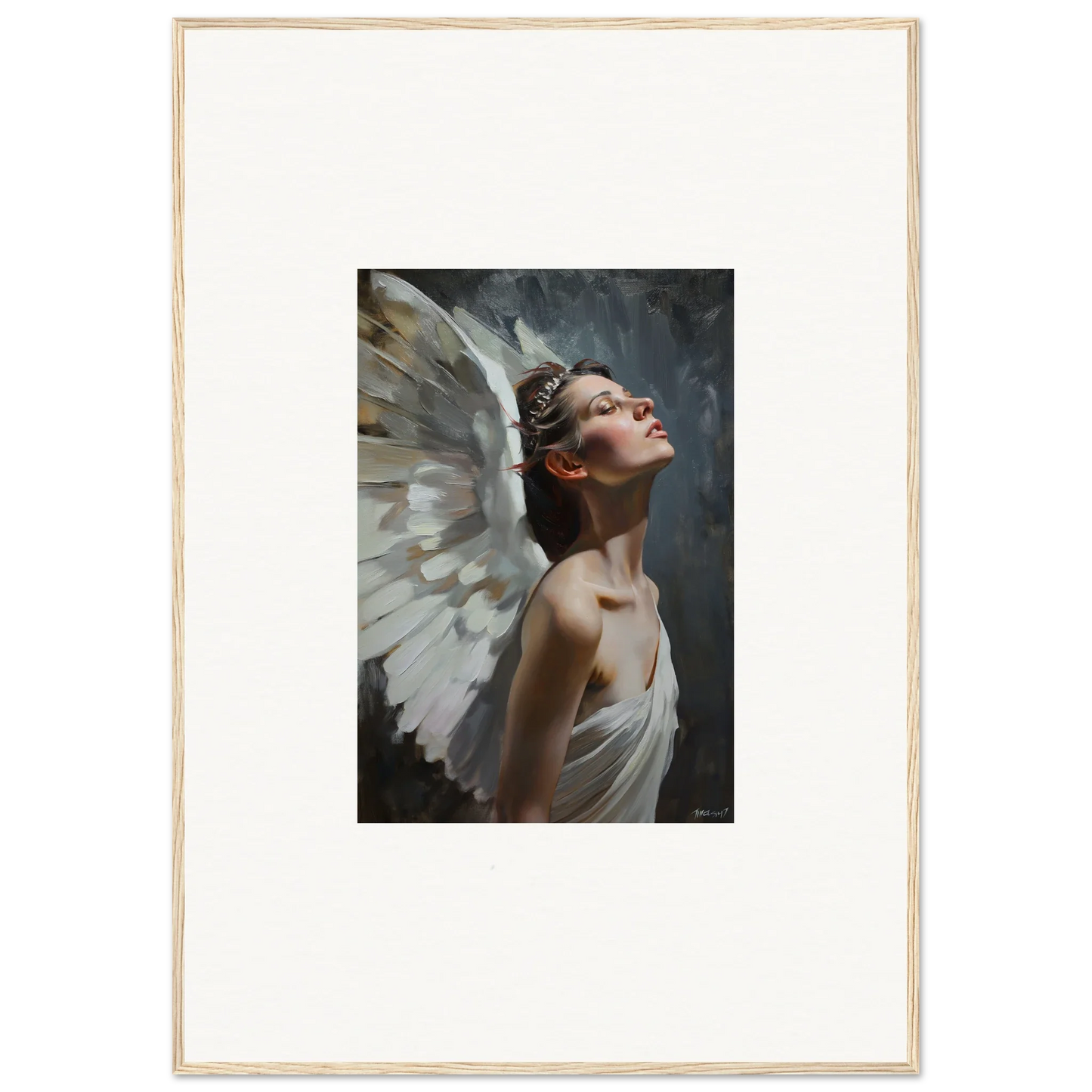 Angelic figure with white wings looking upward, perfect for light orchard room decor