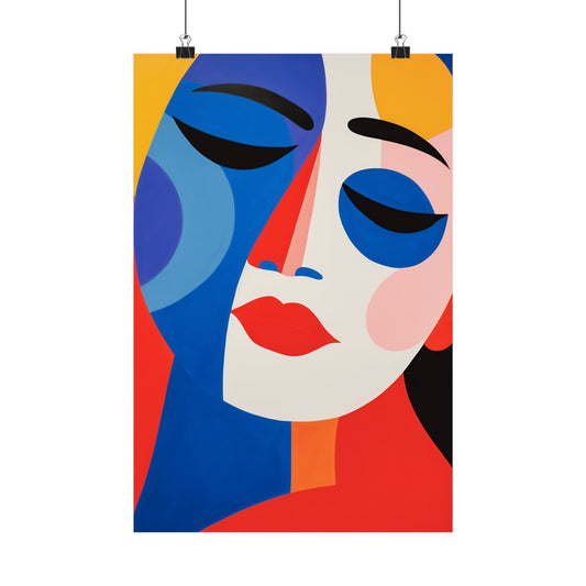 Abstract portrait featuring geometric shapes and bold colors depicting a stylized face.