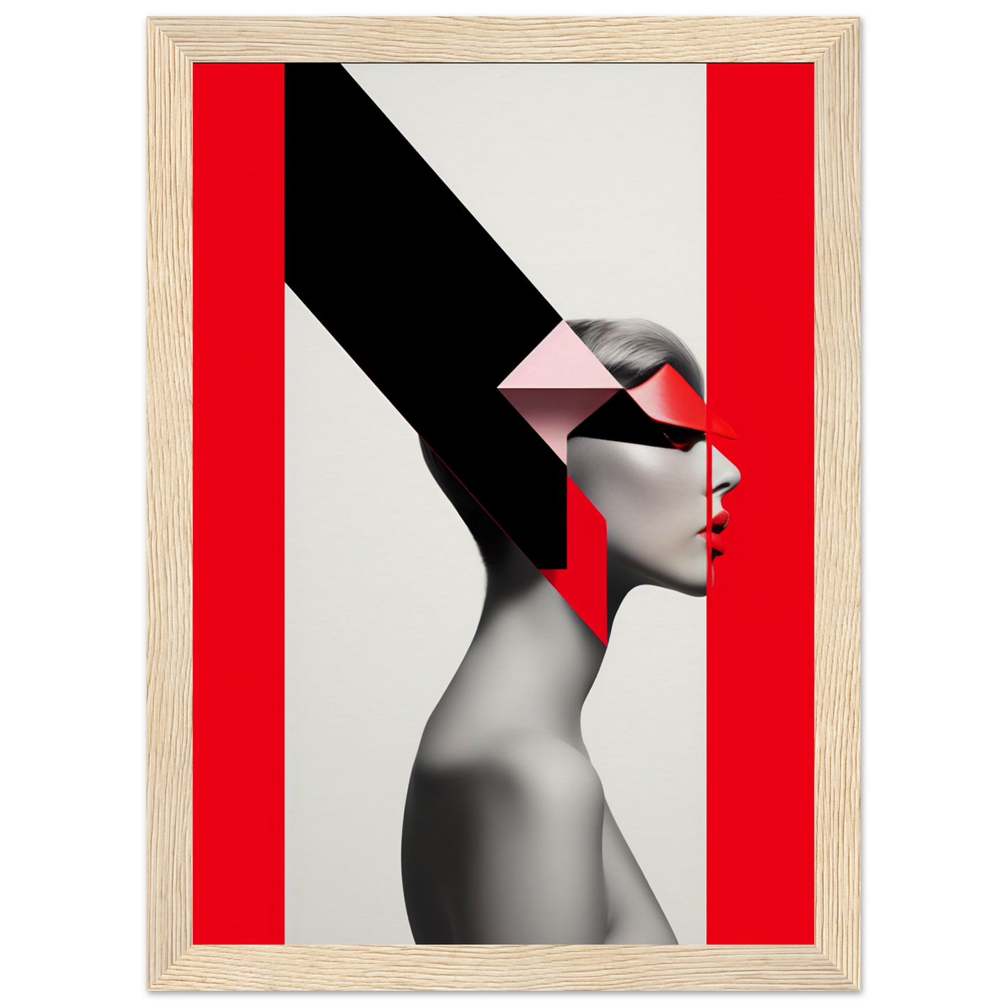 Stylized profile portrait of a person with geometric red and black shapes overlaid.