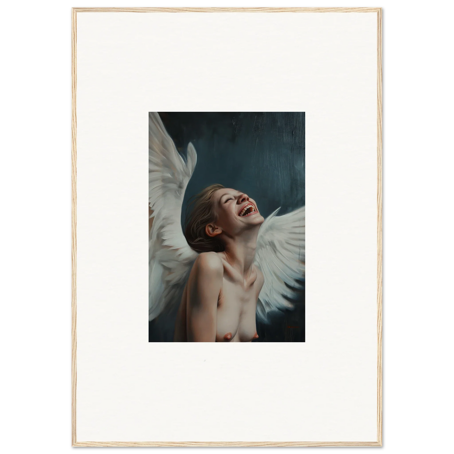 Ecstatic figure with white wings in dark background, perfect for wing time room decor