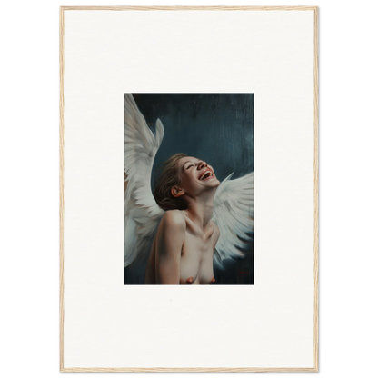 Ecstatic figure with white wings in dark background, perfect for wing time room decor