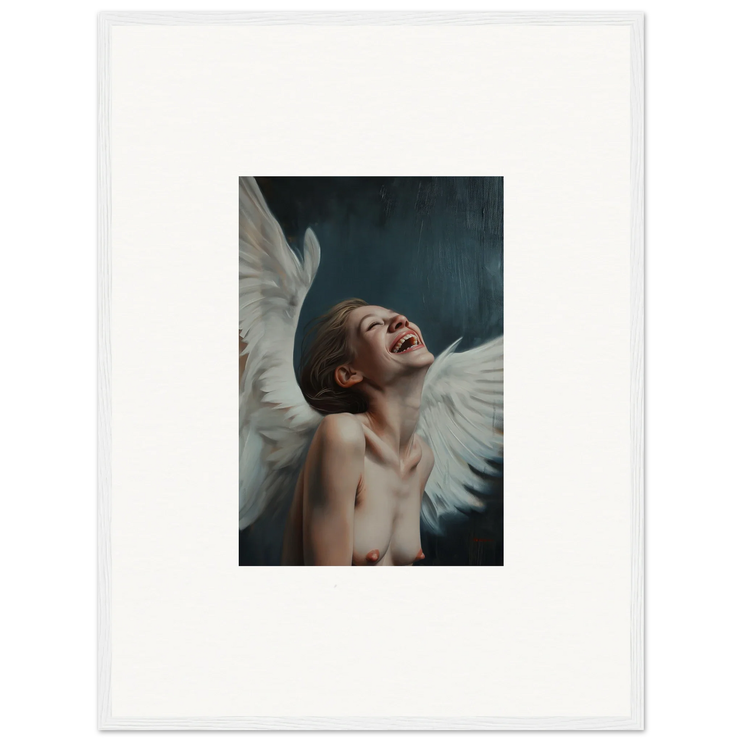 Laughing figure with white wings on dark background, ideal for wing time room decor