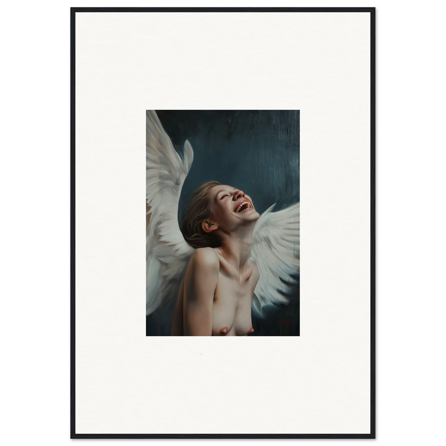 Ecstatic figure with white wings in framed wall art for stylish room decor