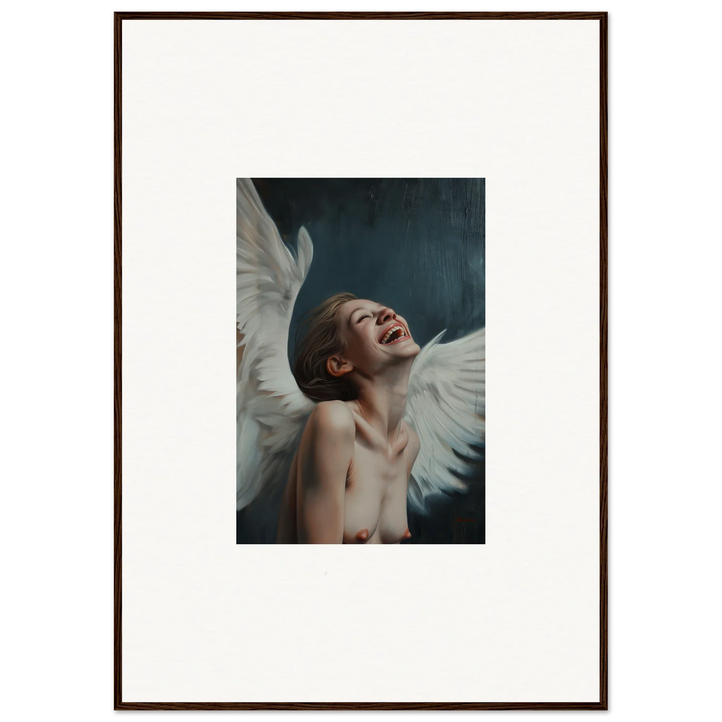 Joyful figure with white wings in Ecstasy Wing Time framed wall art for room decor