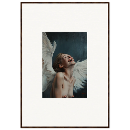 Joyful figure with white wings in Ecstasy Wing Time framed wall art for room decor