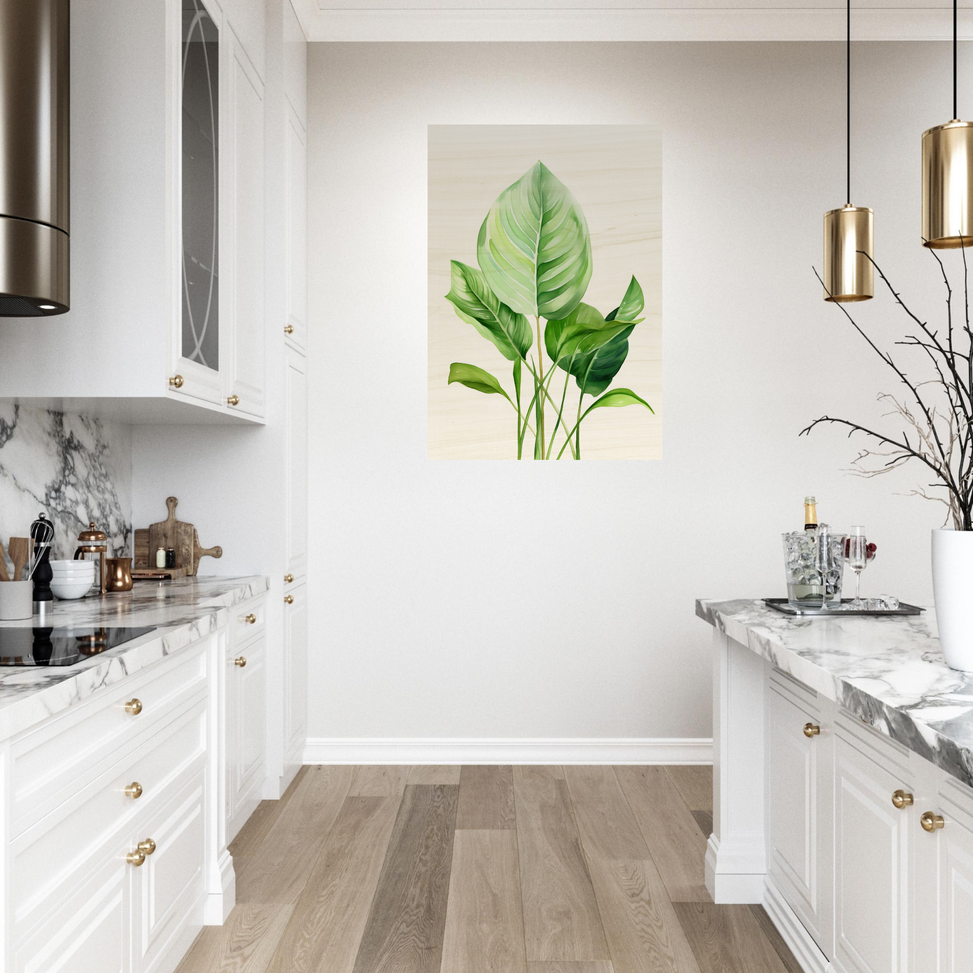 A painting of a green leaf on a white wall