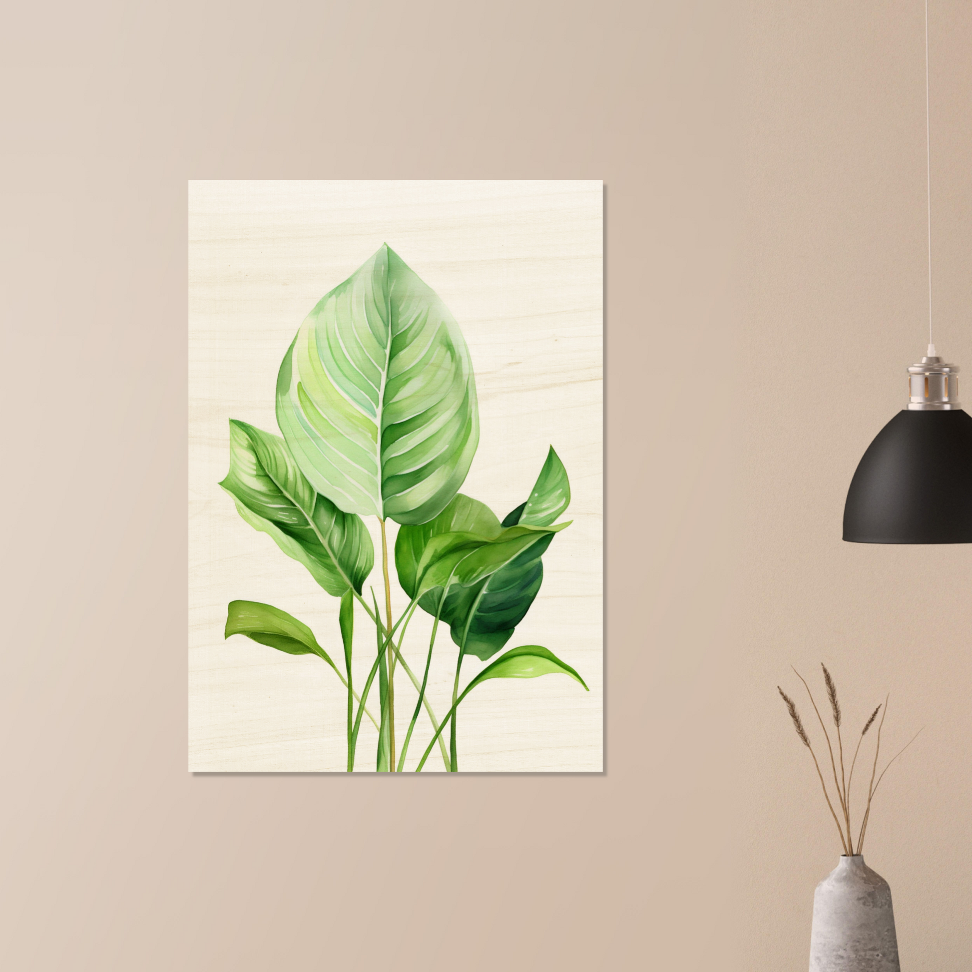 A painting of a green leaf on a white wall