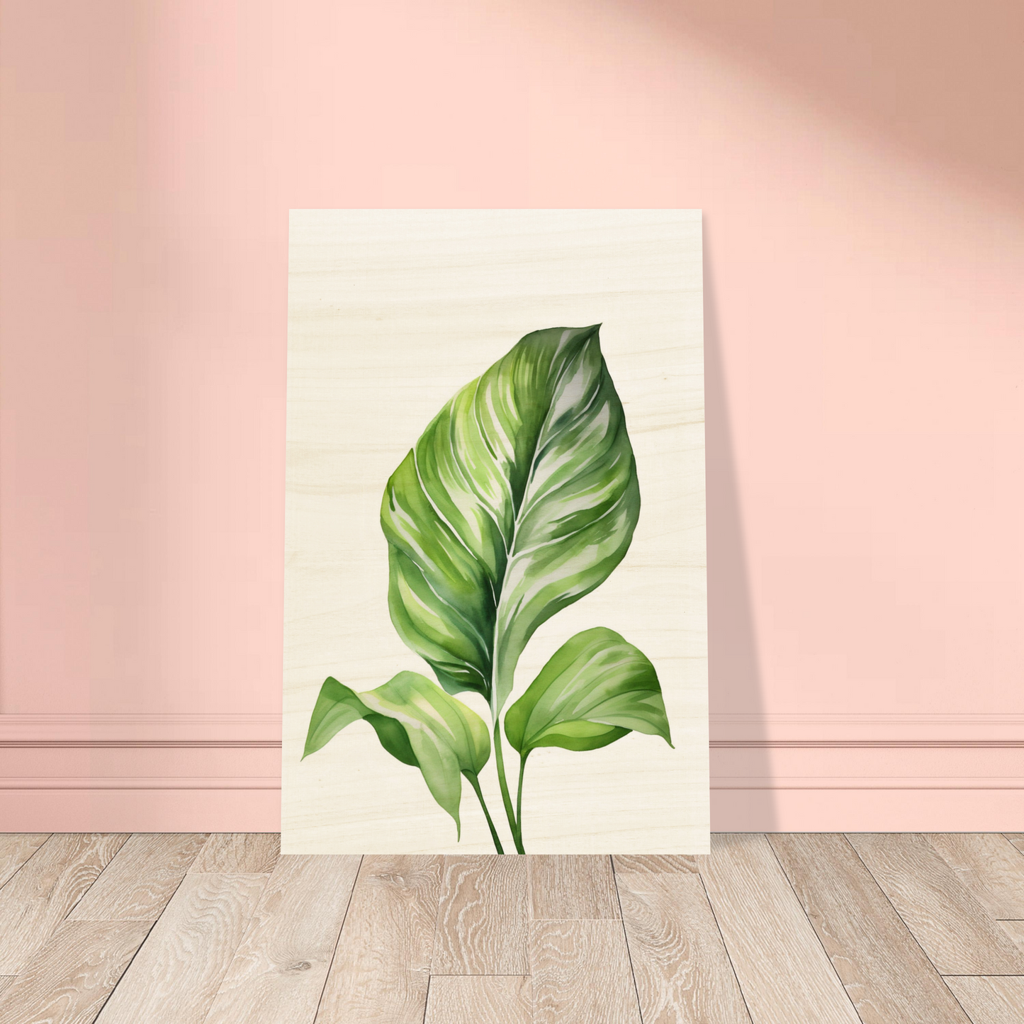 Transform your space with a Aquarelles Tropical Leaf D - Wood Prints for my wall featuring an AI generated art - a painting of a green leaf on a white background.