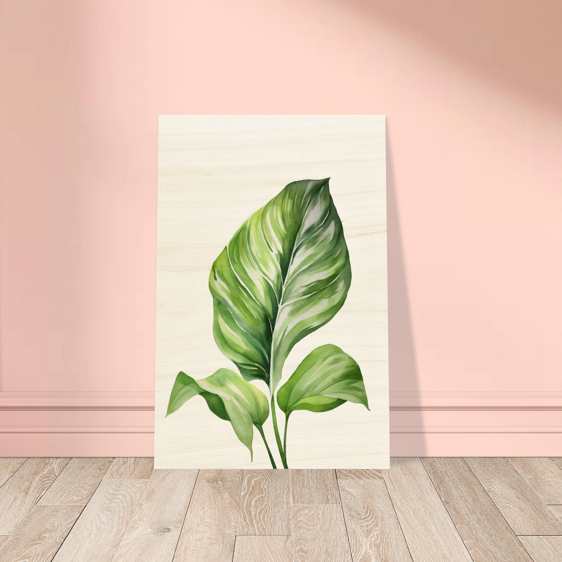 Transform your space with a Aquarelles Tropical Leaf D - Wood Prints for my wall featuring an AI generated art - a painting of a green leaf on a white background.