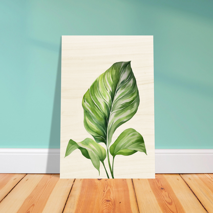 Transform your space with a Aquarelles Tropical Leaf D - Wood Prints for my wall featuring an AI generated art - a painting of a green leaf on a white background.