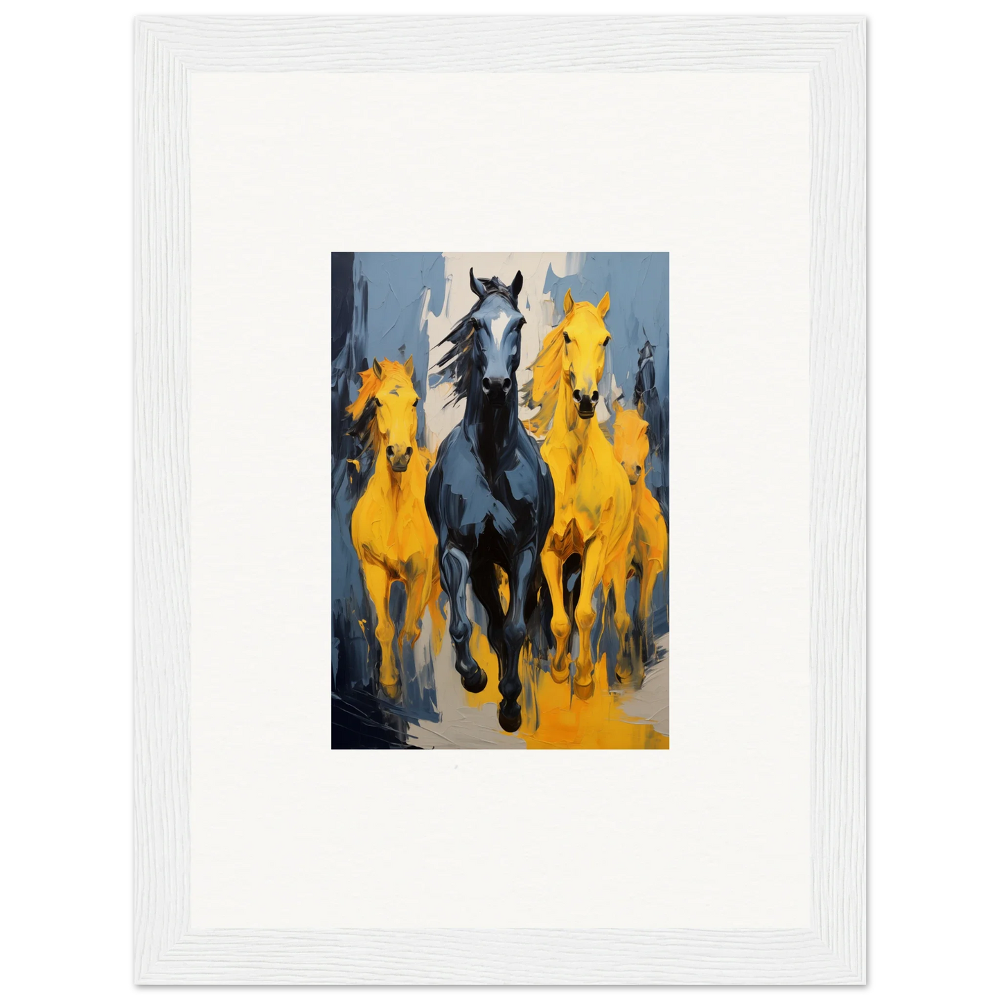 Painting of horses galloping in framed wall art for vibrant room decor, Mustsers Stampede