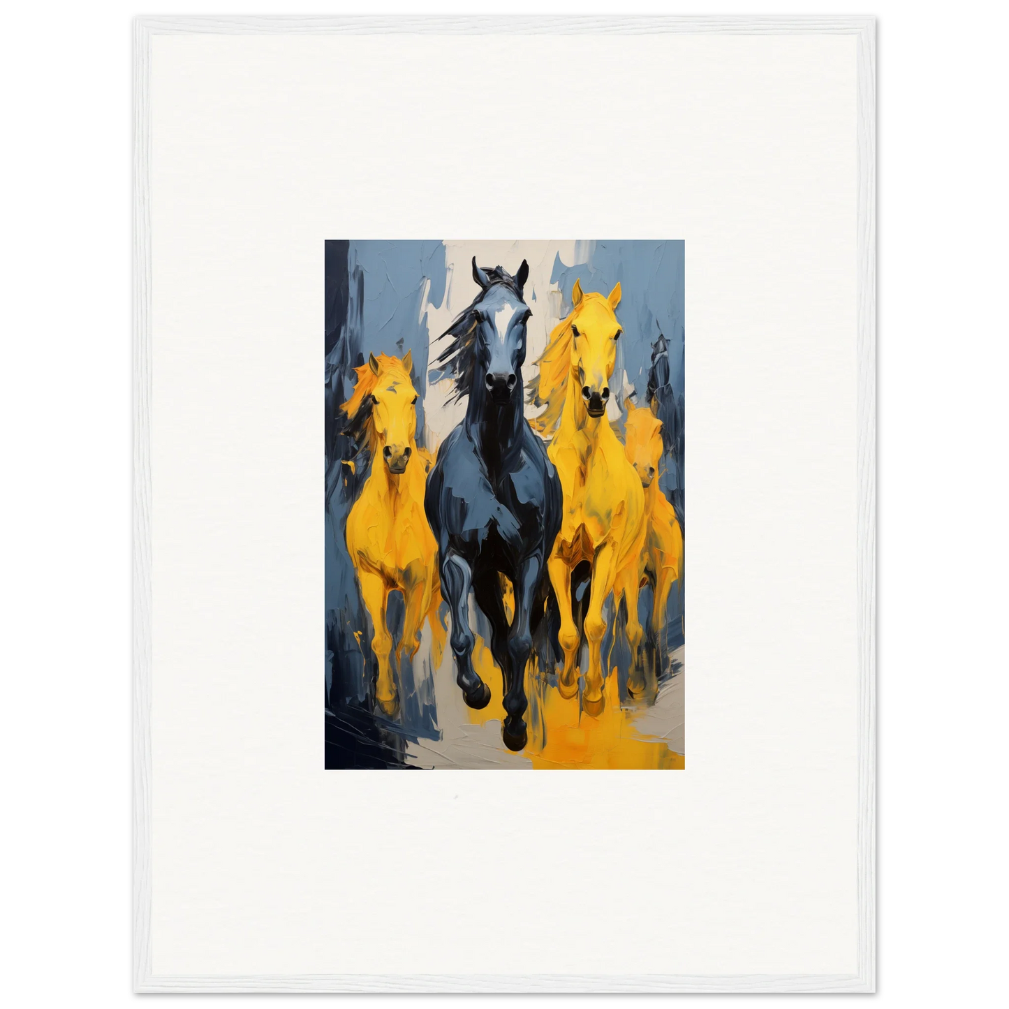 Painting of horses galloping, a black horse central in Electric Mustsers Stampede wall art