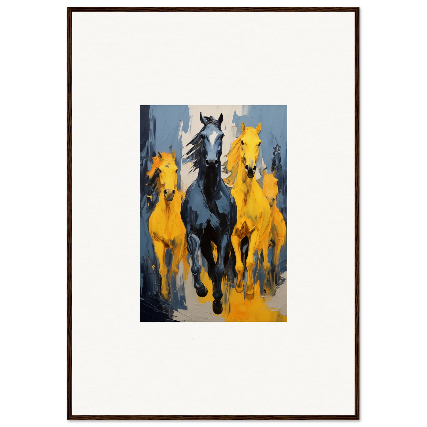 Painting of horses running, featuring a black horse among yellow horses for room decor