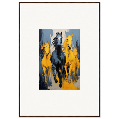 Painting of horses running, featuring a black horse among yellow horses for room decor