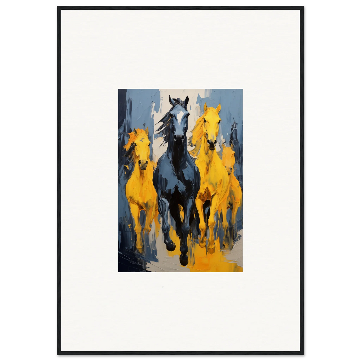 Painting of horses running, featuring a black horse and yellow horses for room decor