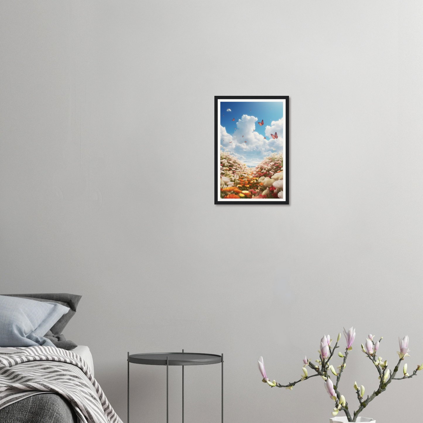 A high quality framed print of Happiness Is Flowers - Museum-Quality Matte Paper Wooden Framed Poster from The Oracle Windows™ Collection with butterflies in the sky, perfect for fashion wall art enthusiasts.