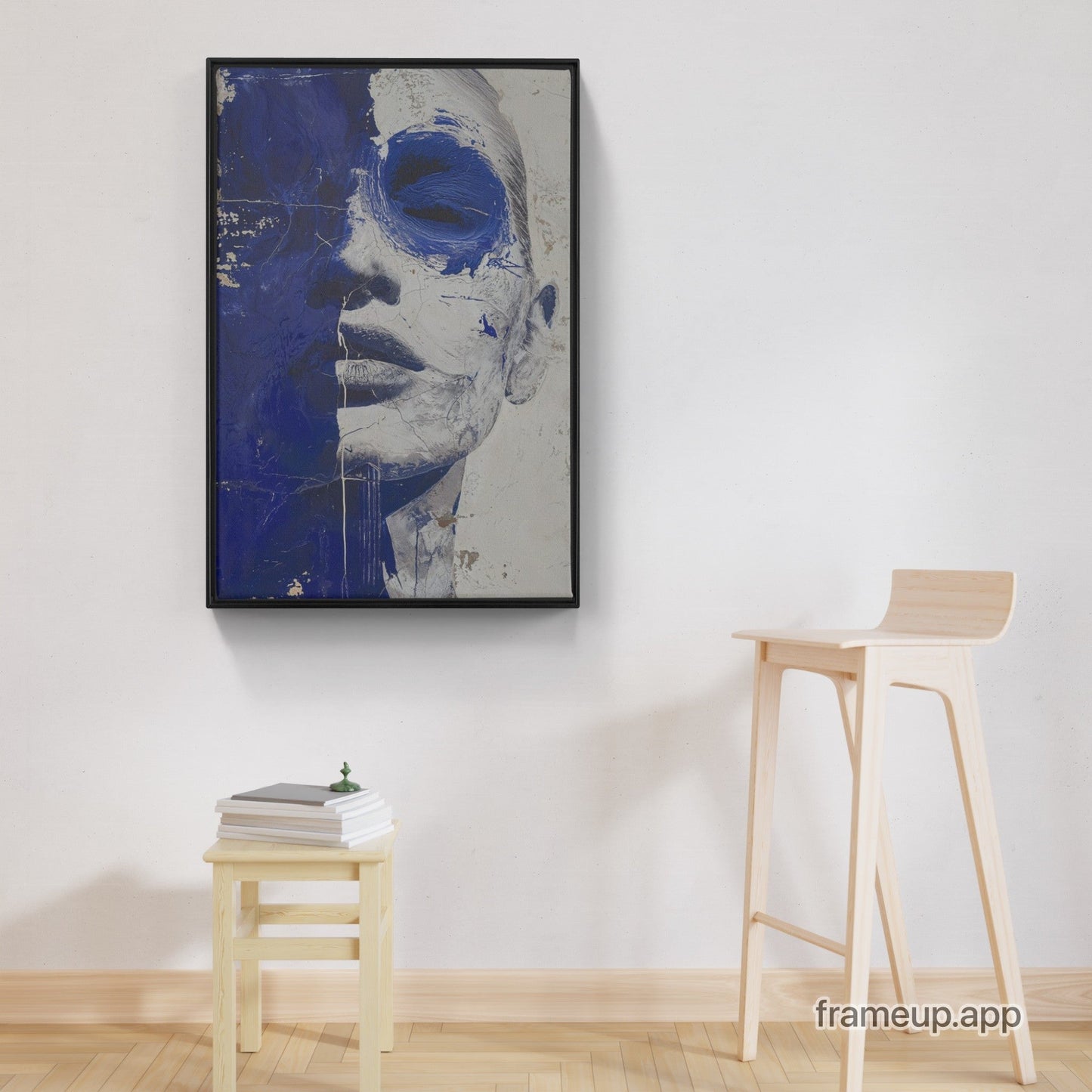 This Portrait In Deep Blue - XXL Framed Canvas Wraps, with a hardwood frame, hangs on the wall.