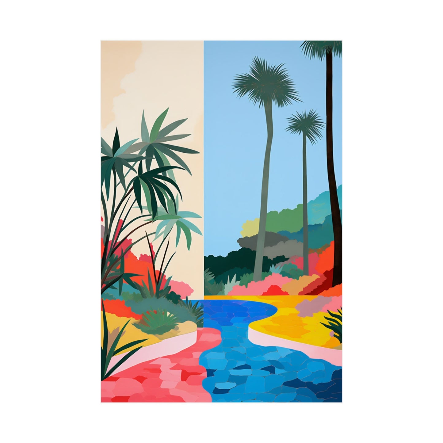 A painting of palm trees and a river