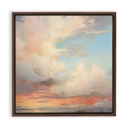 A painting of Pastels Clouds - Framed Traditional Stretched Canvas with clouds in the background.