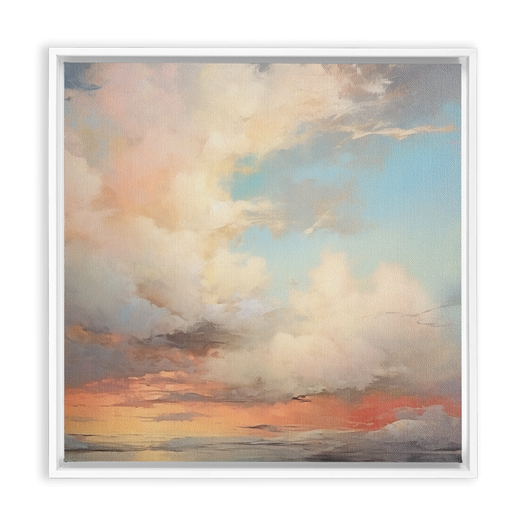 A painting of a sunset with pastels clouds - framed traditional stretched canvas in the background.