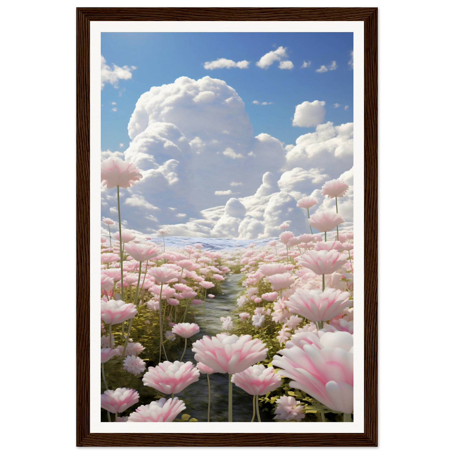 A painting of pink flowers in a field