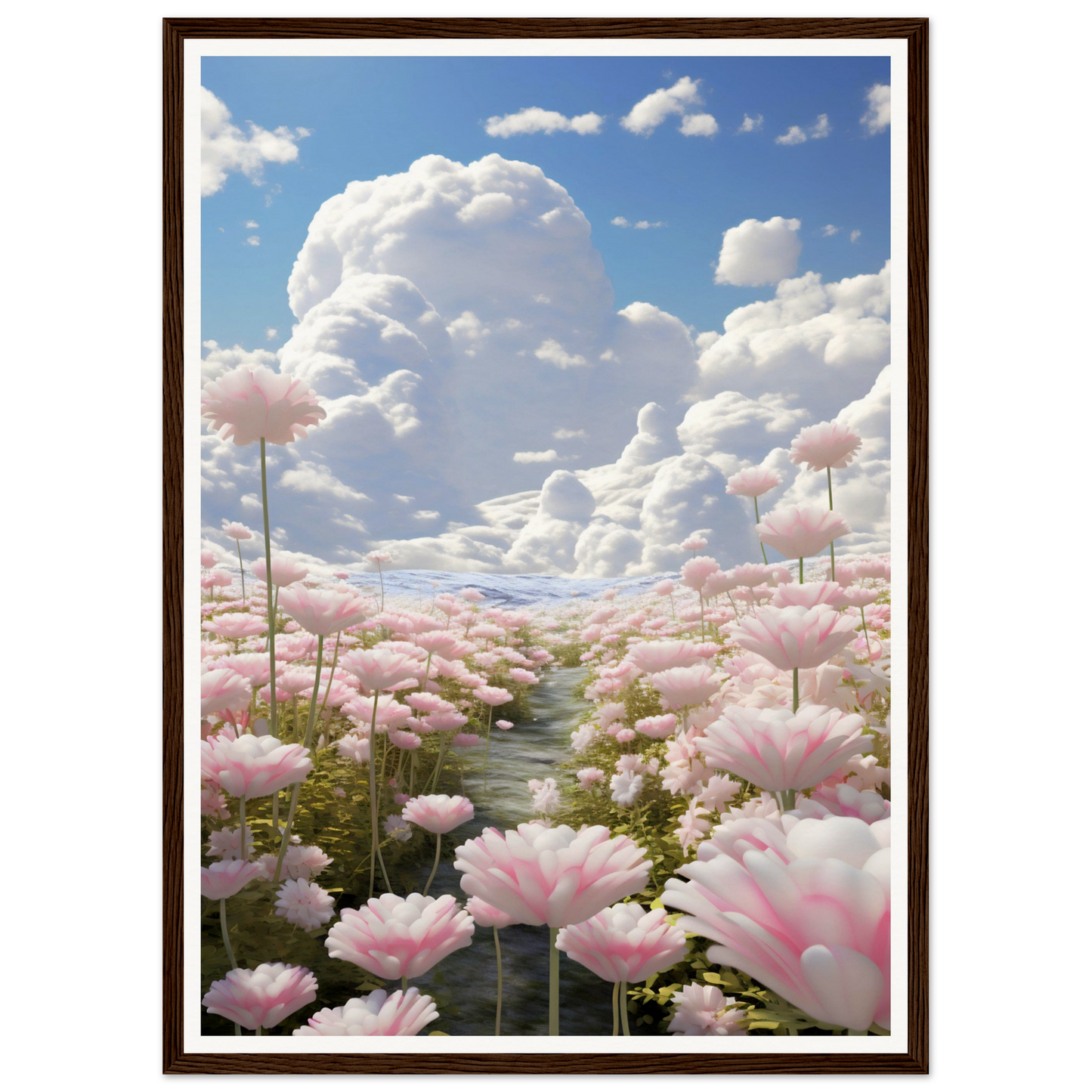 A painting of pink flowers in a field