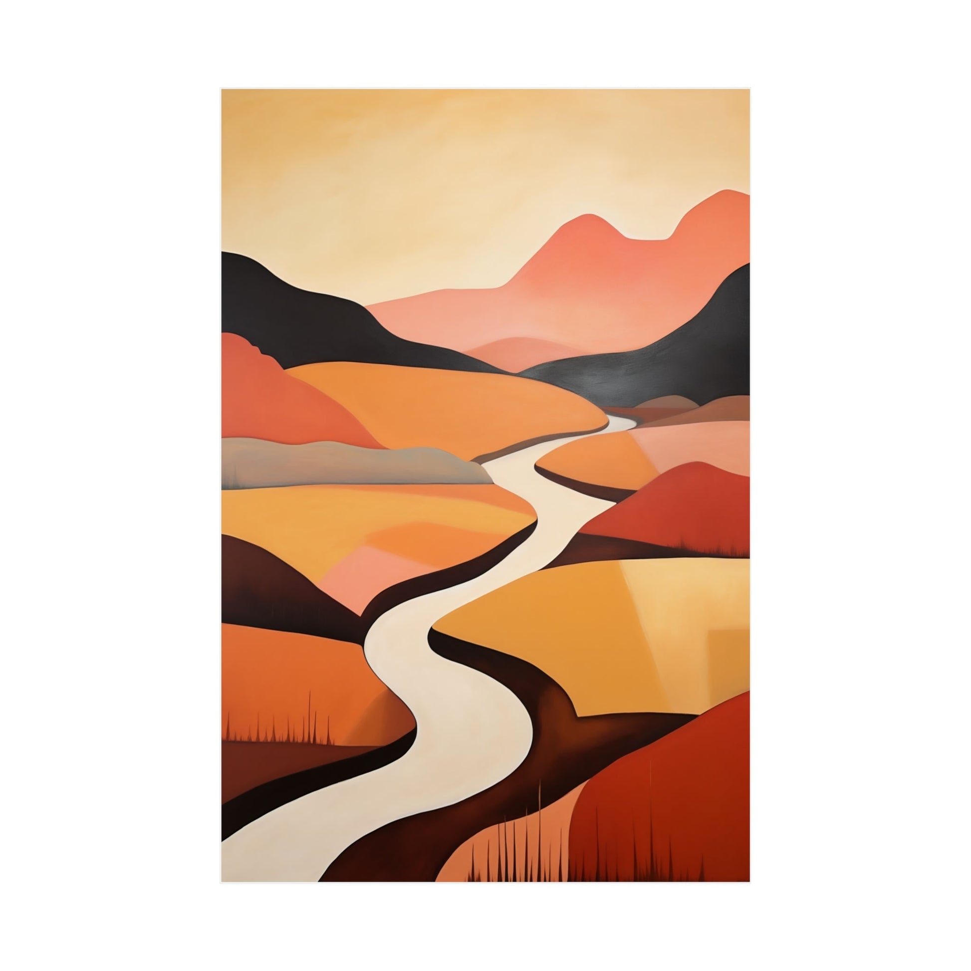 A painting of a river in the desert