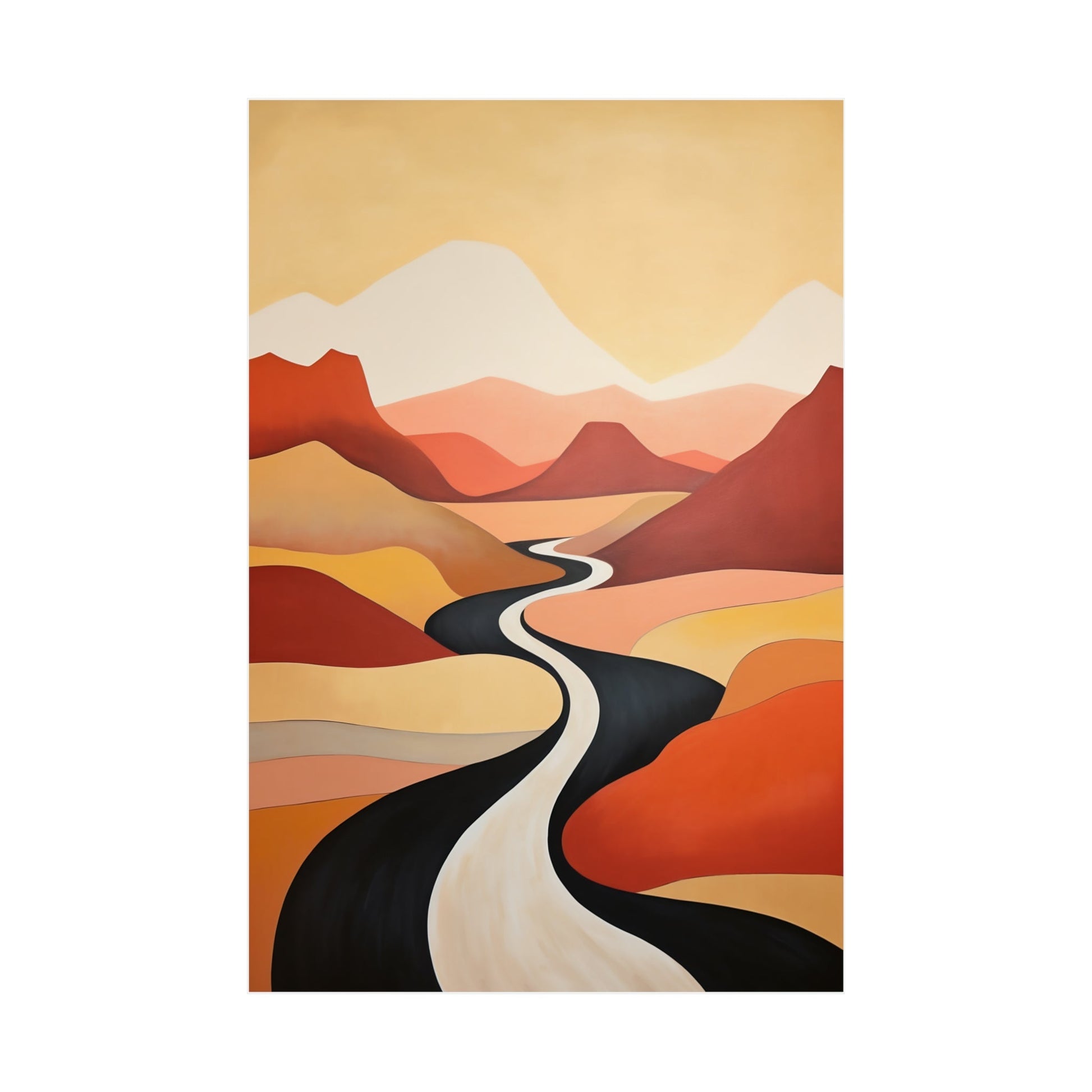 A painting of a road leading into the distance