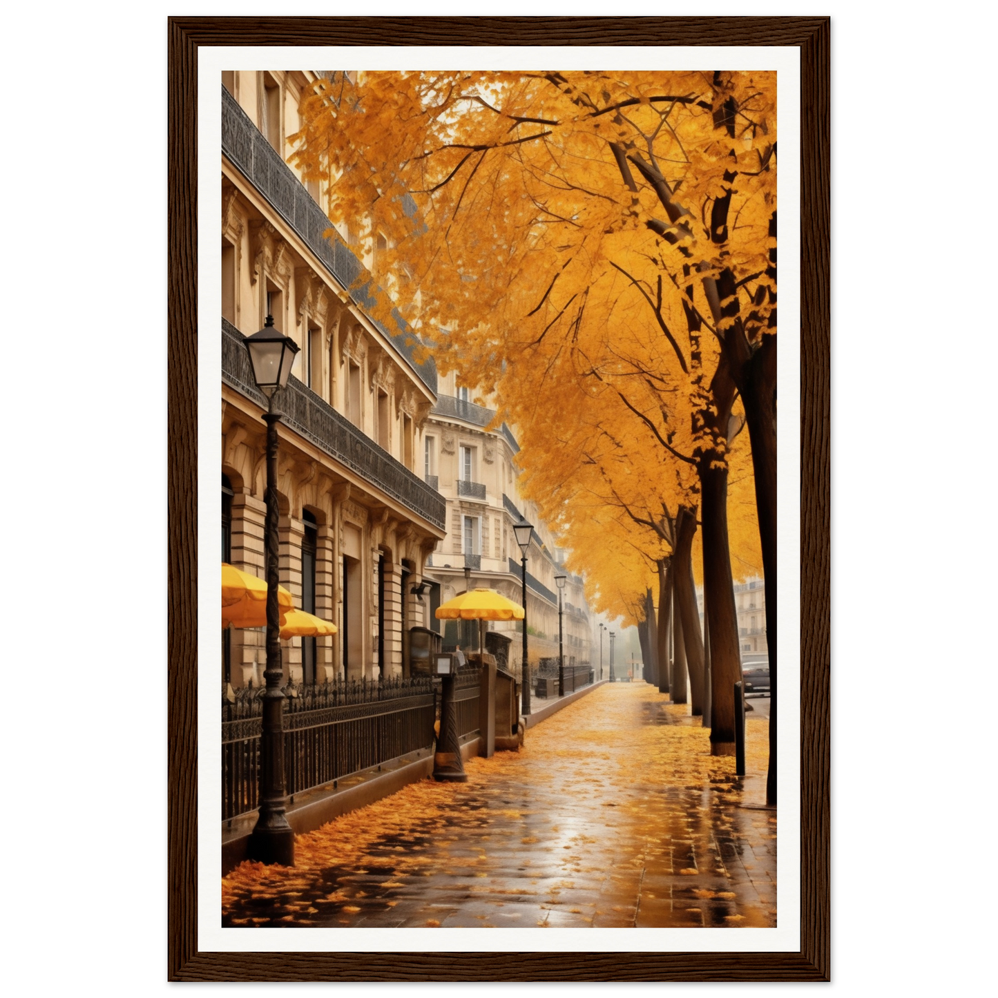 A painting of a street with yellow trees