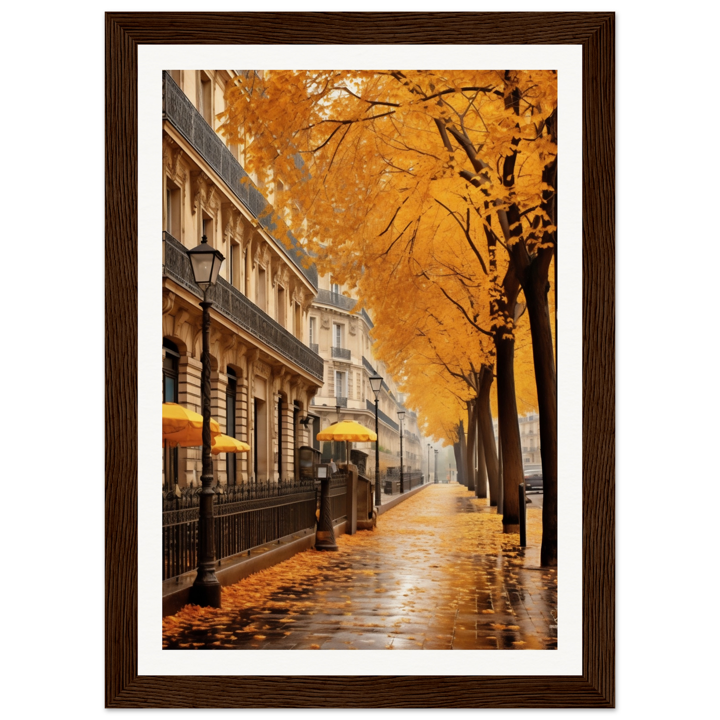 A painting of a street with yellow trees