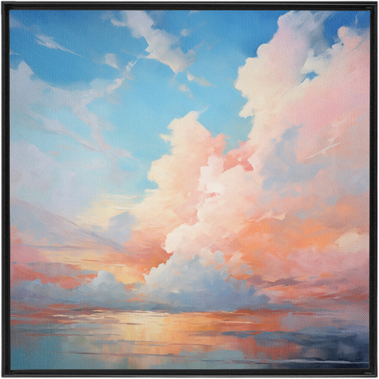 A painting of Pastels Clouds - Framed Traditional Stretched Canvas with clouds and water.