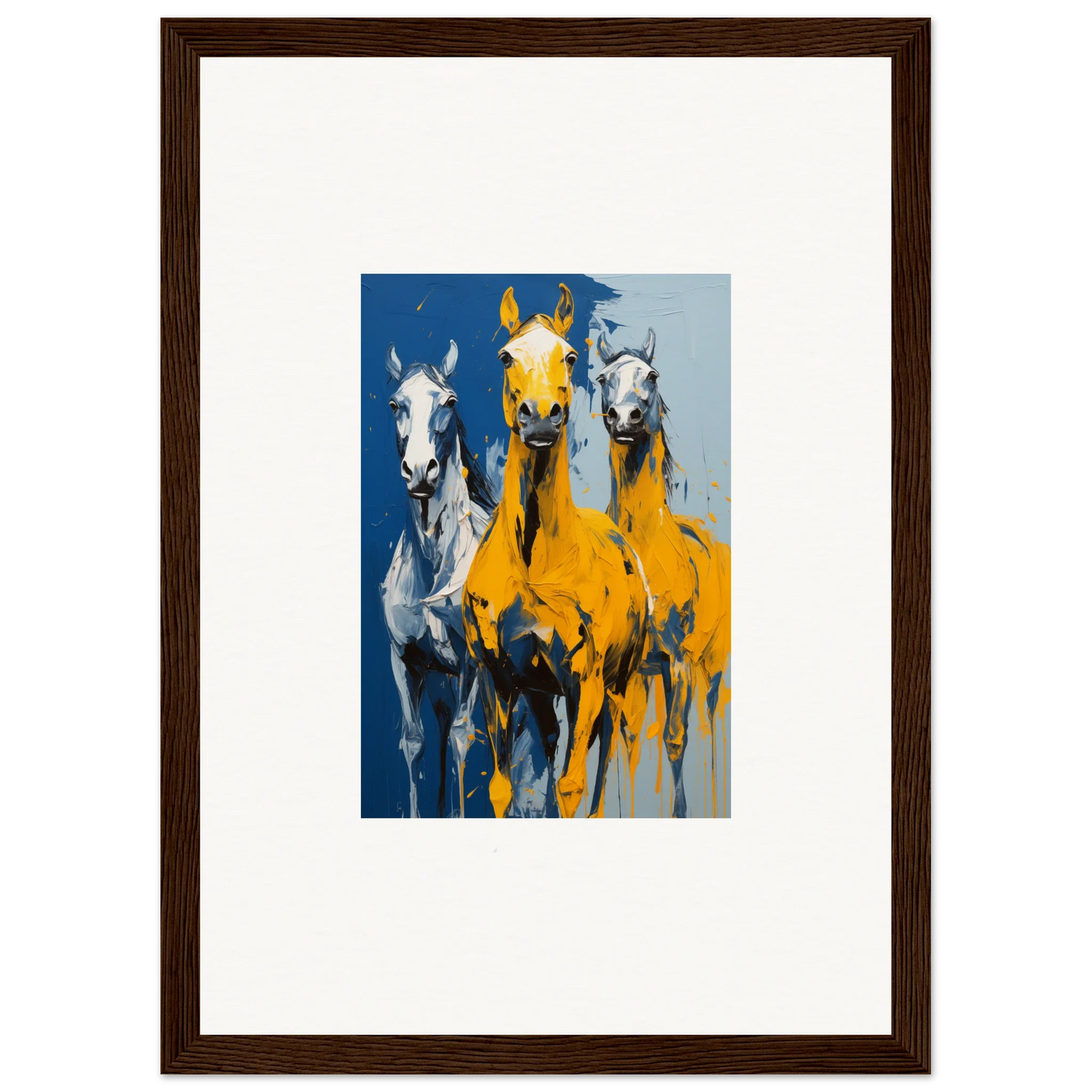 Vibrant Painting of Three Horses in Yellow and Blue for Eleven Sunrise Room Decor, Framed Wall Art