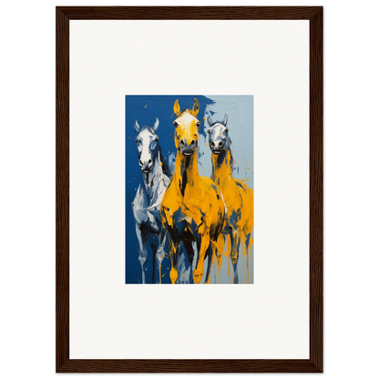 Vibrant Painting of Three Horses in Yellow and Blue for Eleven Sunrise Room Decor, Framed Wall Art