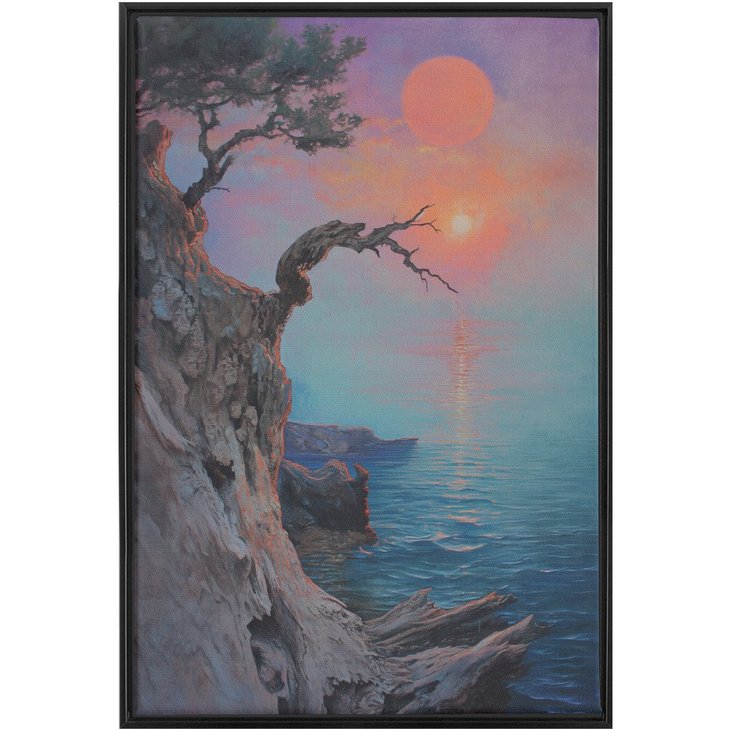 SUBTRACT ANY IRRELEVANT CODES SUCH AS "A103" OR "A203" OR "A932" OR "HMPF" OR "B28920". ANY CODES THAT DOESNT MAKE SENSE TO THE STRUCTURE AND THE MEANING OF THE CREATED TEXT.

Driftwood Coastal Art - XXL Framed Canvas Wraps of a sunset with a tree on a cliff.