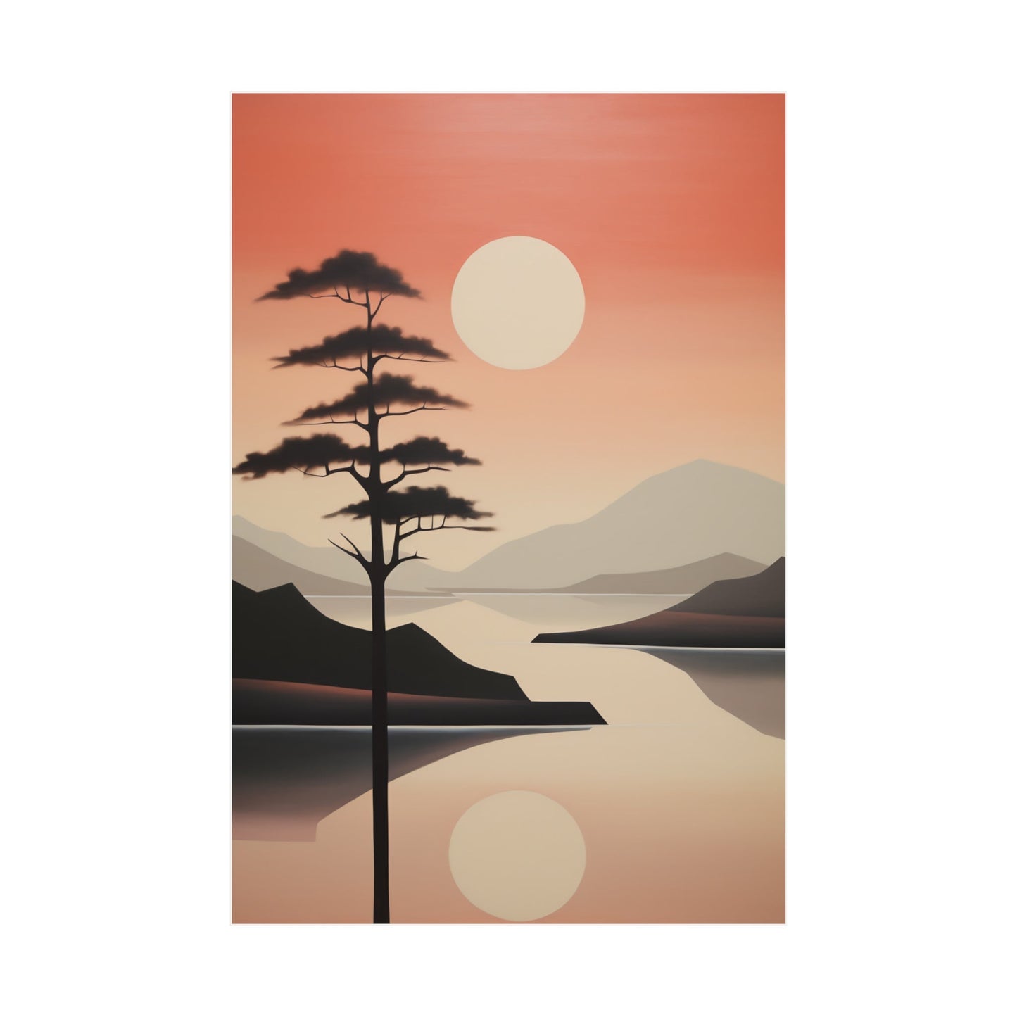 A painting of a tree in the middle of a lake