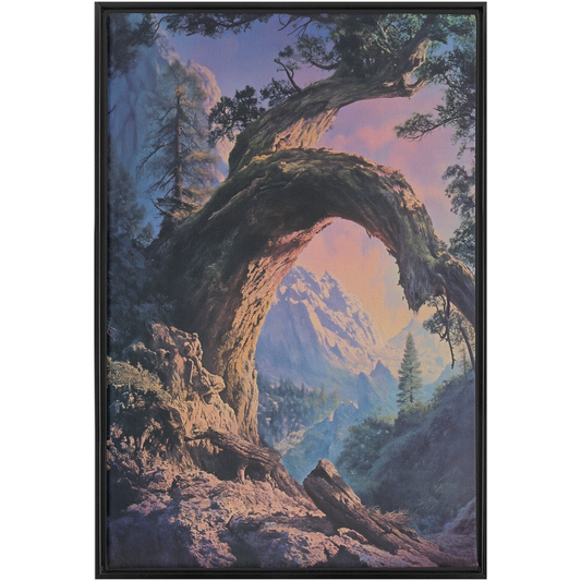 An Almost Driftwood Art - XXL Framed Canvas Wraps of a tree with mountains in the background.
