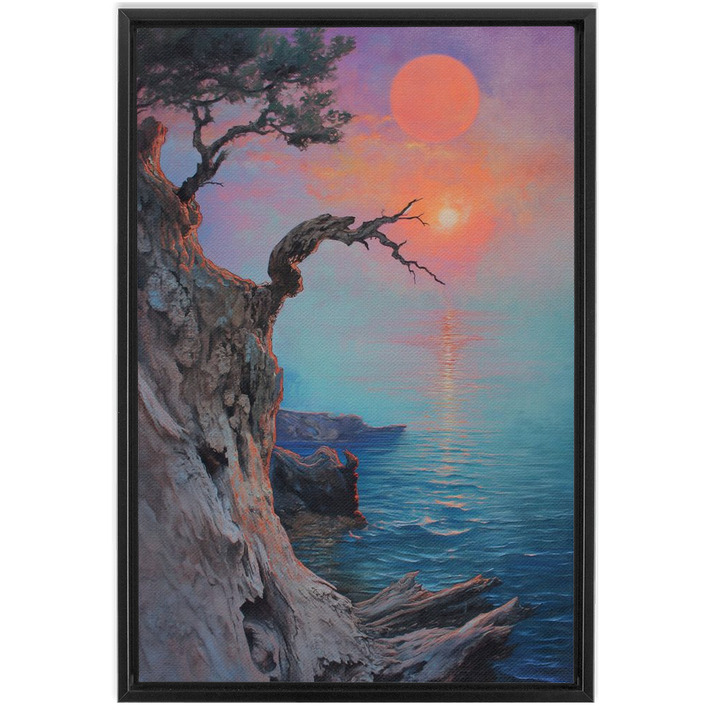 The revised text after removing irrelevant codes is:

A Driftwood Coastal Art - XXL Framed Canvas Wrap of a sunset with a tree on a cliff.