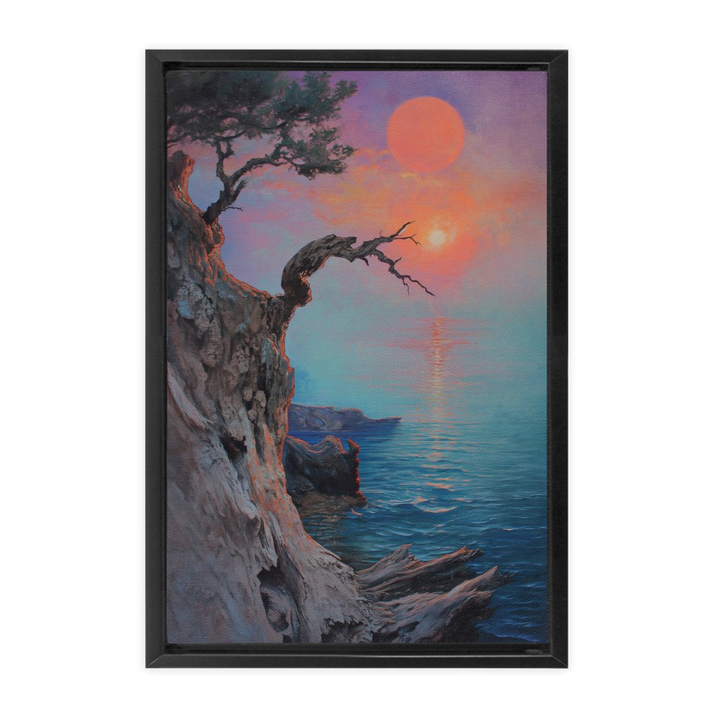 A Driftwood Coastal Art - XXL Framed Canvas Wraps of a sunset with a tree on a rock, beautifully framed in hardwood.
