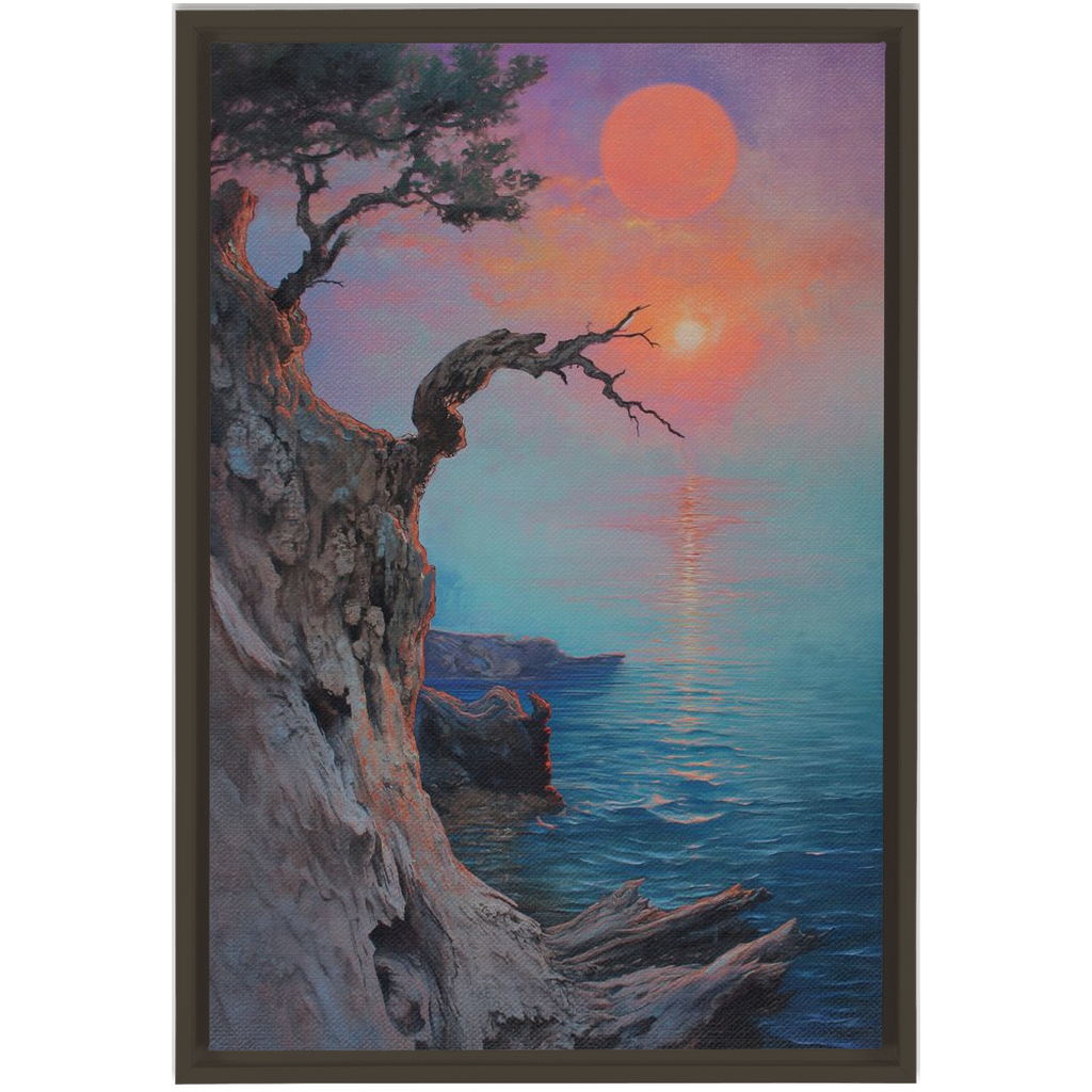 A digitally printed painting of a sunset with a tree on a cliff, beautifully showcased on Driftwood Coastal Art - XXL Framed Canvas Wraps.