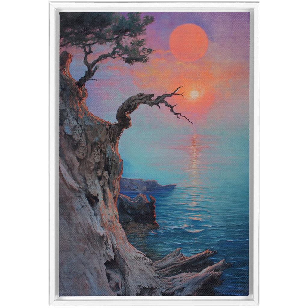A Driftwood Coastal Art - XXL Framed Canvas Wraps of a sunset with a tree on top of a cliff, beautifully displayed on canvas within a hardwood frame.