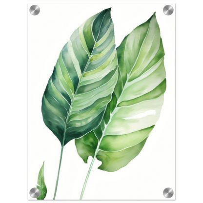 A painting of two green leaves