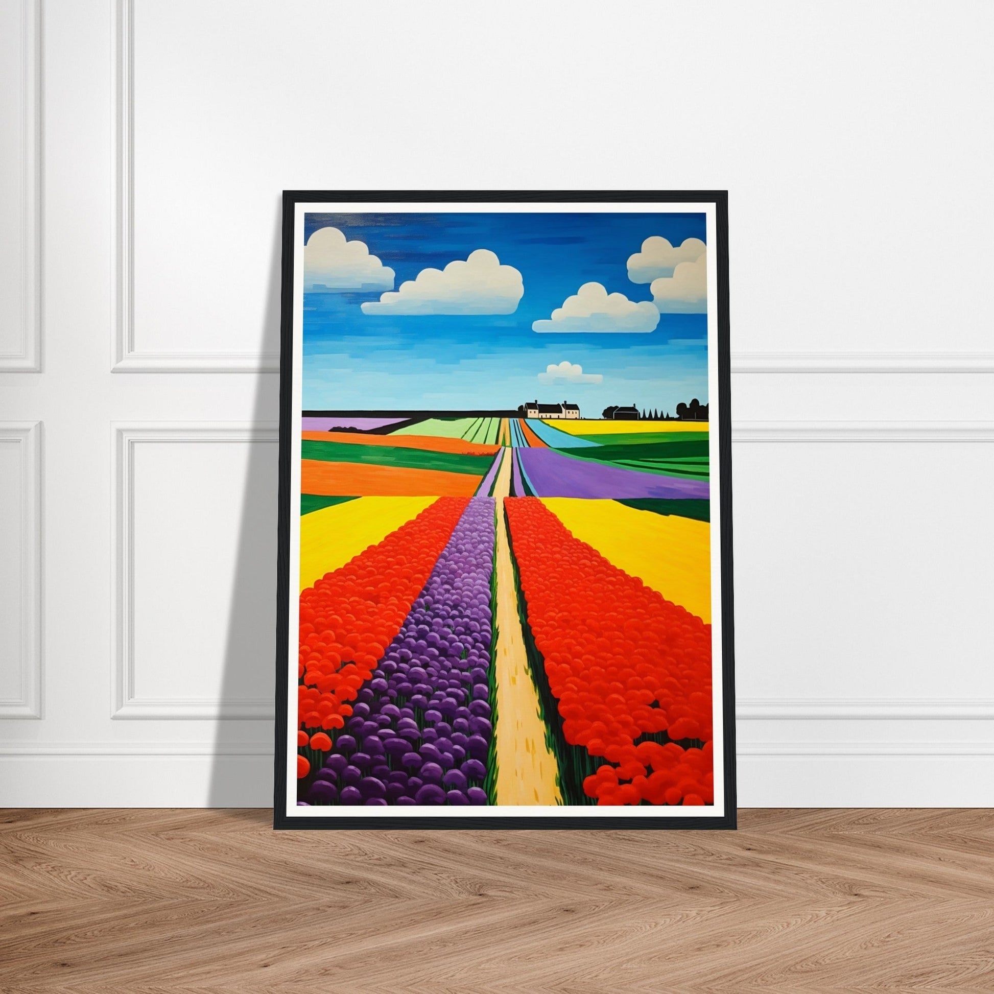 Colorful painting of vibrant flower fields stretching towards the horizon.