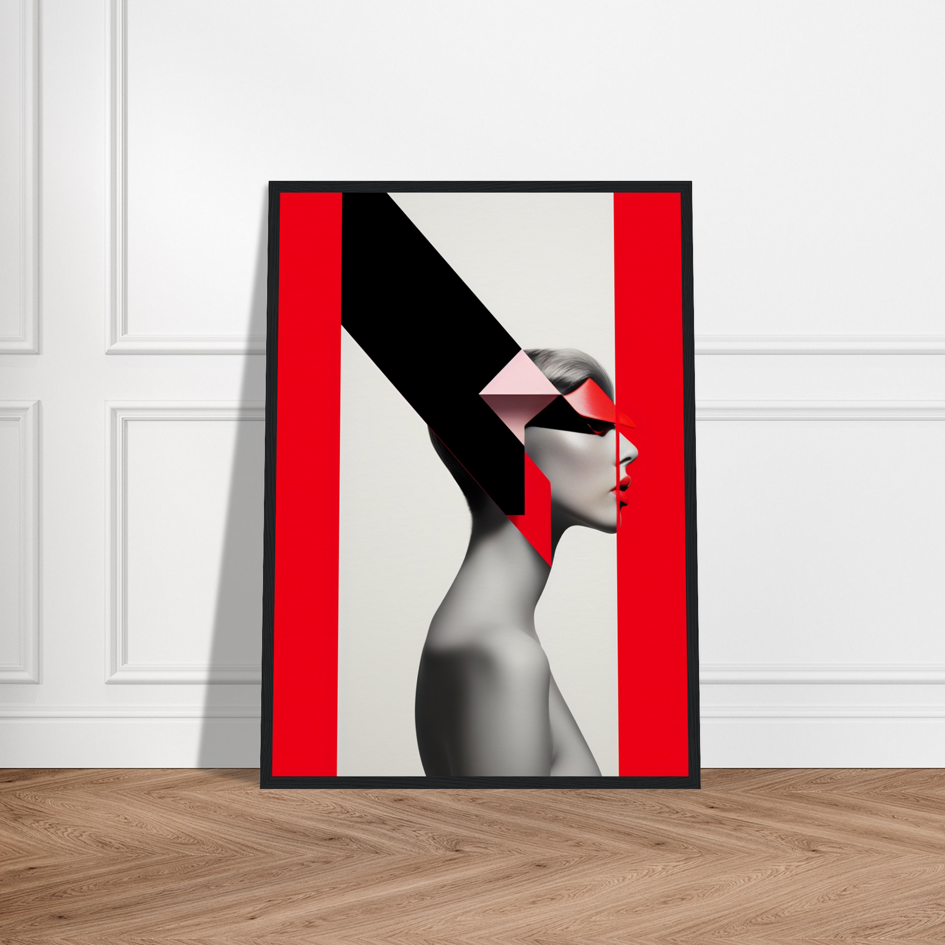 Striking modern art portrait with bold red, black, and white geometric elements framing a grayscale profile.